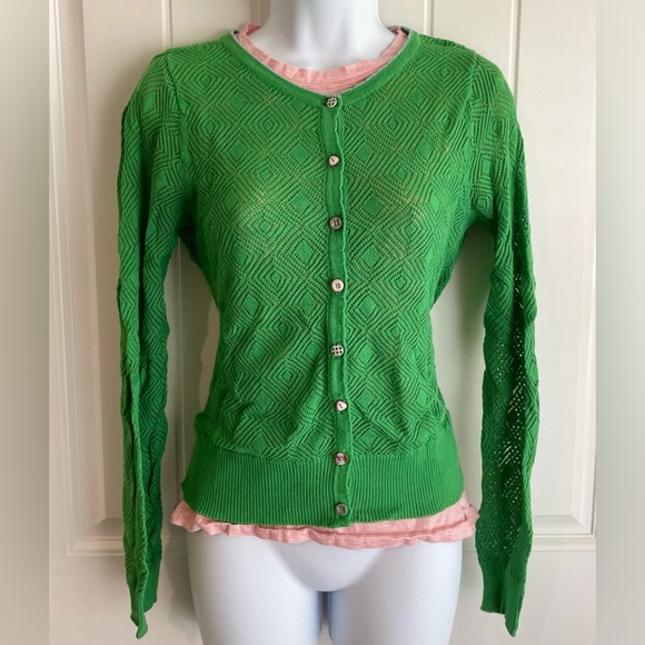 Matilda Jane Sweaters - Matilda Jane Whimsy Green Crochet Striped Button Cardigan Sweater in EUC Sz S